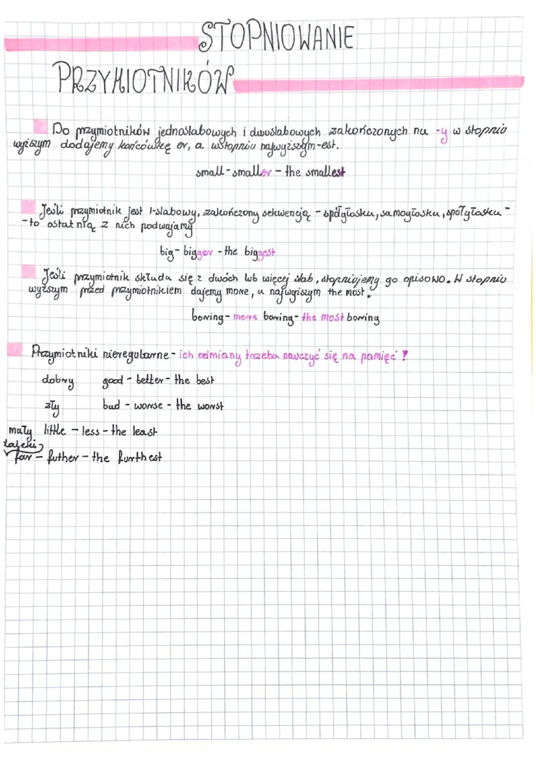 PRZYMIOTNIKÓW
Do przymiotników jednostabowych i duuslabowych zakończonych nu -y w stopnio
wyższym dodajemy końcówkę or, a wstopniu najwyższy