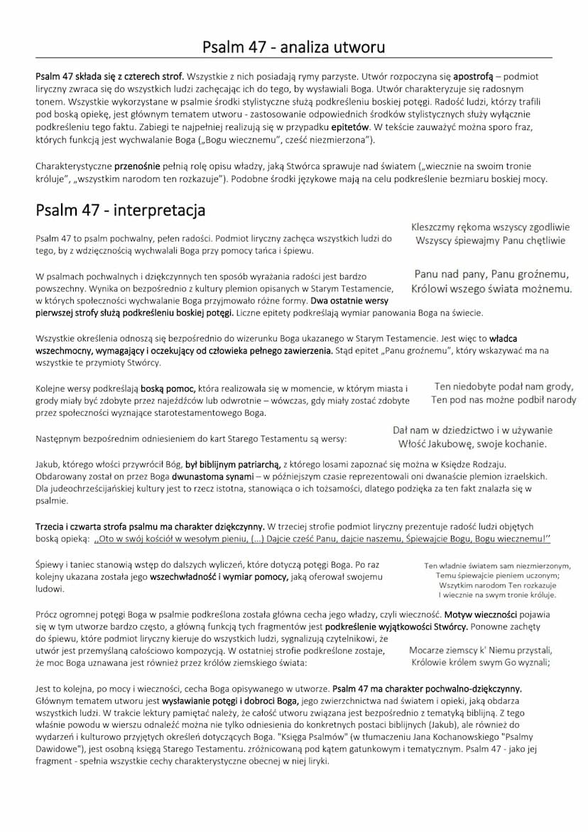 Psalm 13 analiza utworu
Psalm jest to pieśń modlitewna o charakterze dziękczynnym, błagalnym lub pochwalnym. Charakteryzuje ją
podniosły, li