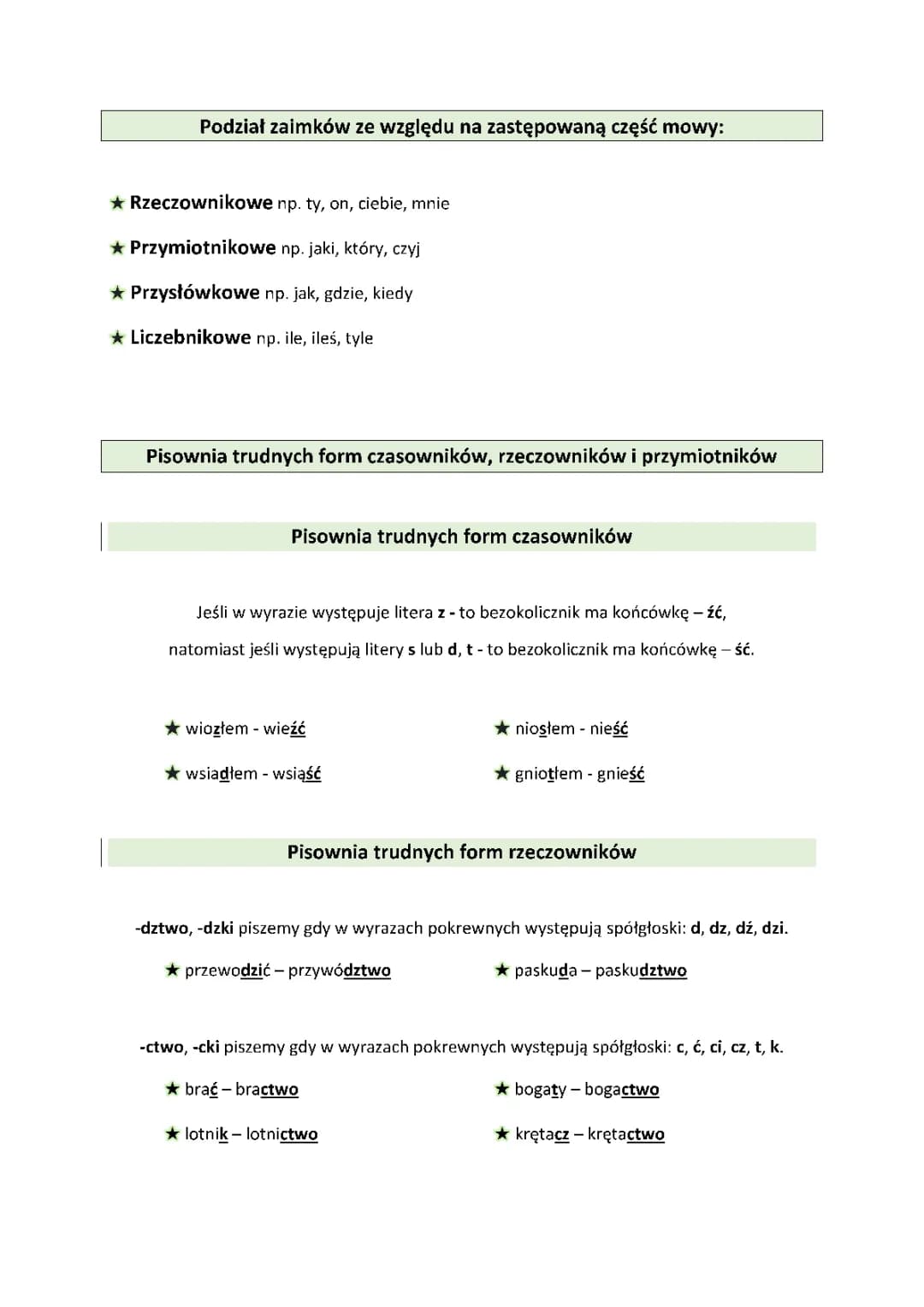 Pisownia trudnych form czasowników i stopniowanie przymiotników - klasa 6