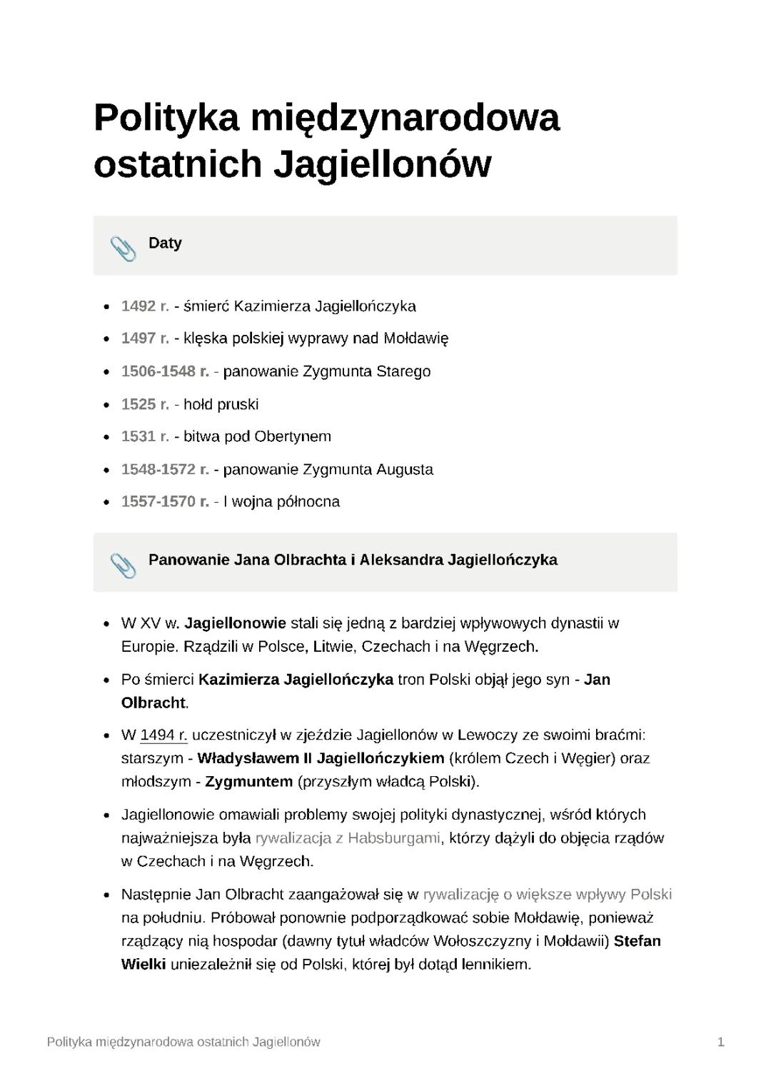 Polityka zagraniczna ostatnich Jagiellonów krótko