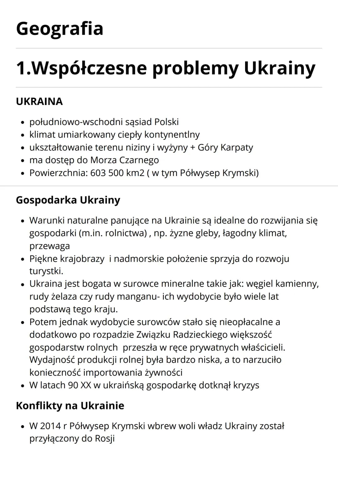 Geografia
1.Współczesne problemy Ukrainy
UKRAINA
• południowo-wschodni sąsiad Polski
• klimat umiarkowany ciepły kontynentiny
• ukształtowan