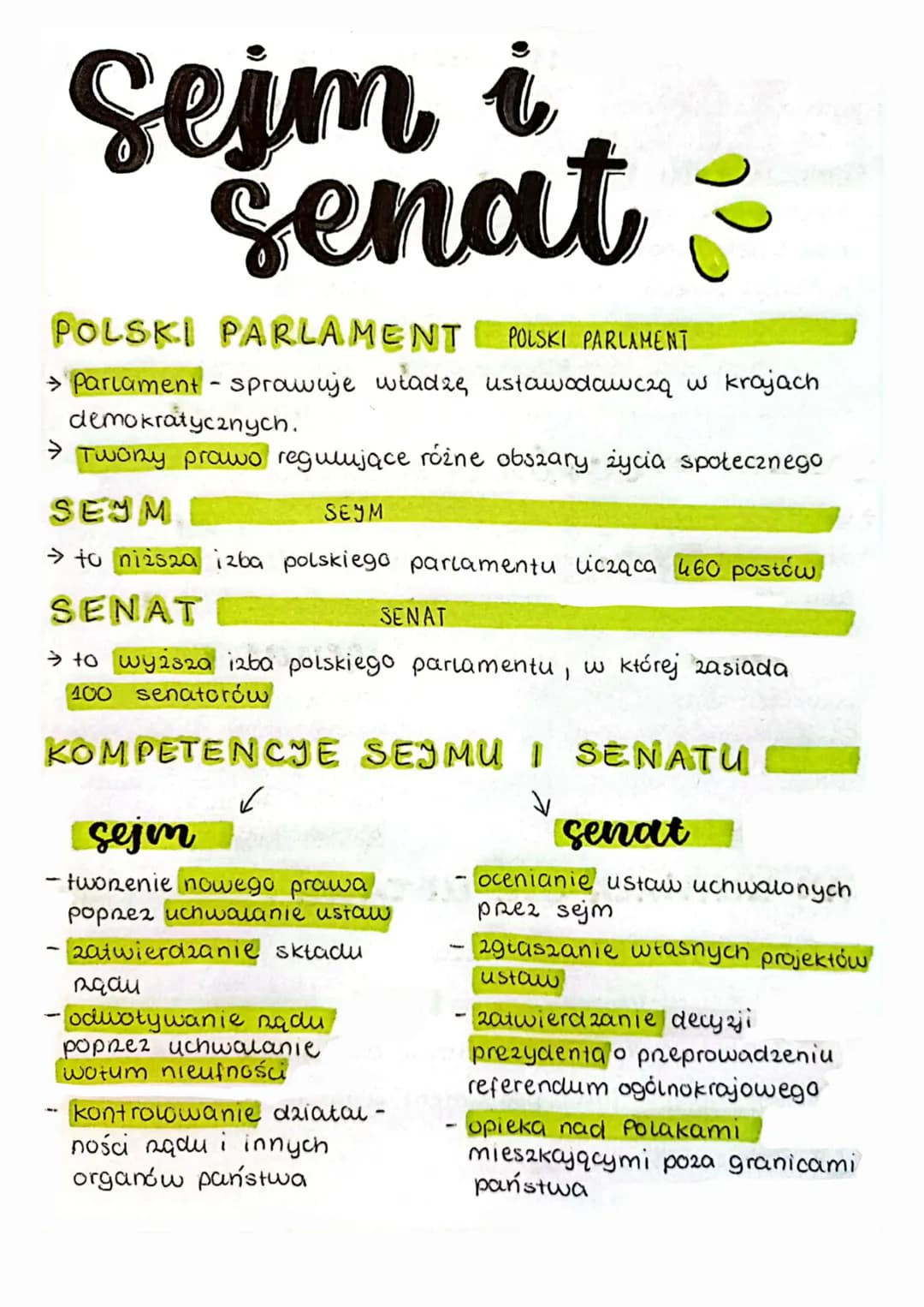 Sejm i
senat
POLSKI PARLAMENT POLSKI PARLAMENT
> Parlament - sprawuje władzę ustawodawczą w krajach
demokratycznych.
→ Twony prawo regulując
