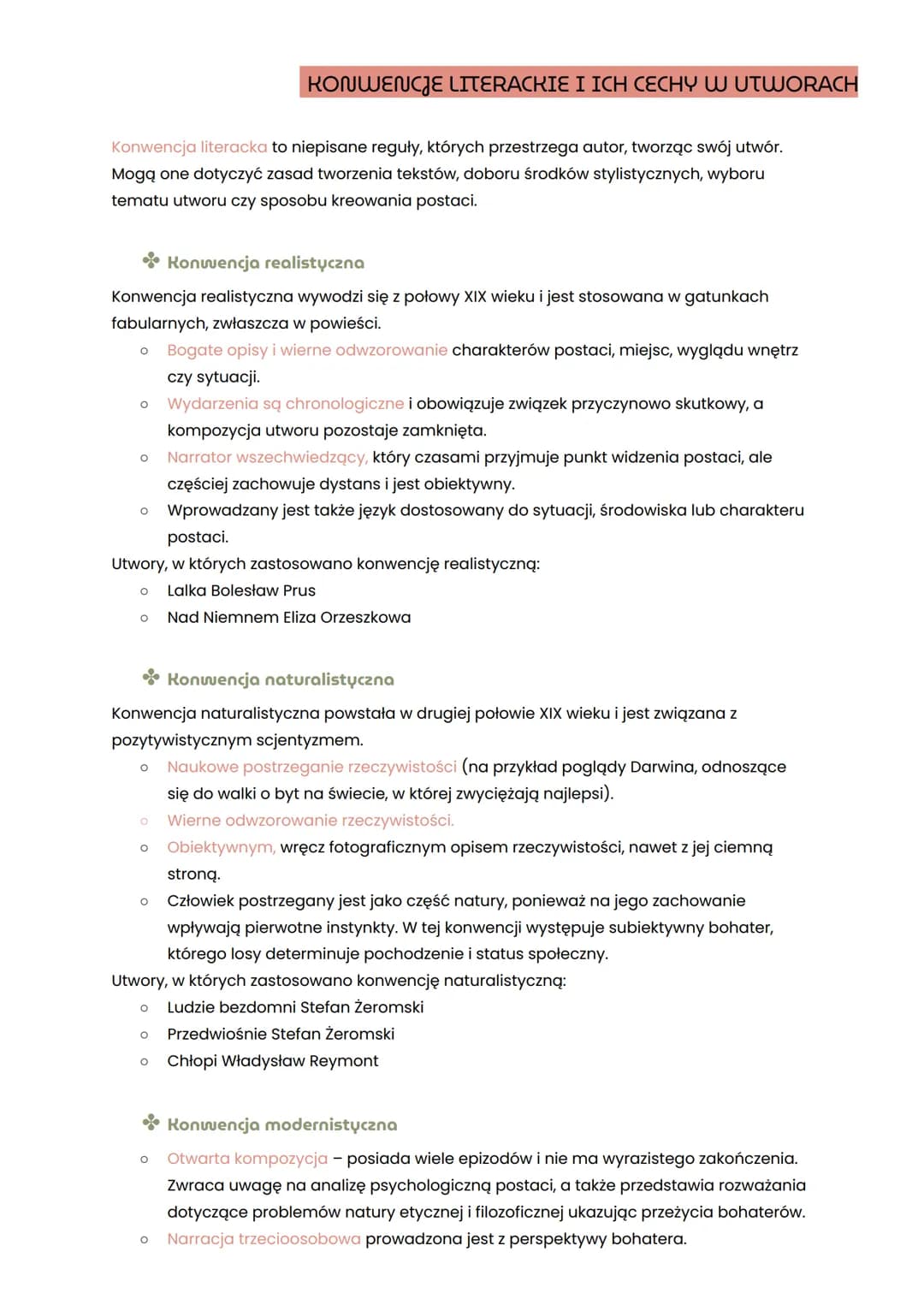 KONWENCJE LITERACKIE I ICH CECHY W UTWORACH
Konwencja literacka to niepisane reguły, których przestrzega autor, tworząc swój utwór.
Mogą one