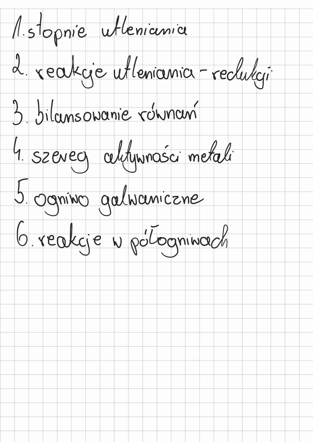 1. stopnie utleniania
2.
reakcje utleniania - redukcji
3. bilansowanie równań
4.
szeveg aktywności metali
5. ogniwo galwaniczne
6. reakcje w