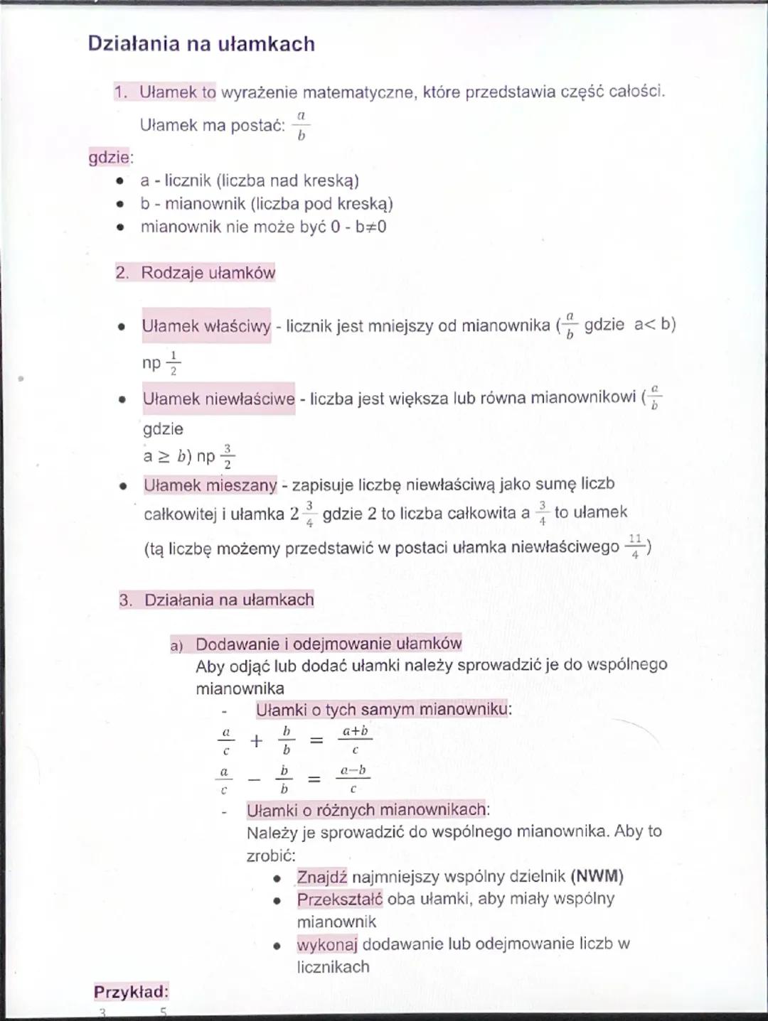 Działania na ułamkach
1. Ułamek to wyrażenie matematyczne, które przedstawia część całości.
gdzie:
Ułamek ma postać:
a
b
a - licznik (liczba