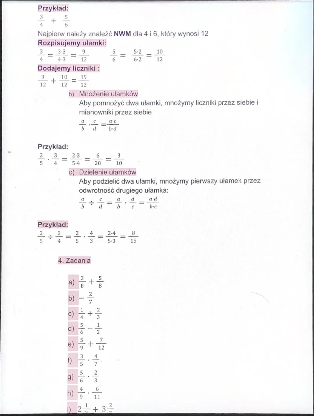 Działania na ułamkach
1. Ułamek to wyrażenie matematyczne, które przedstawia część całości.
gdzie:
Ułamek ma postać:
a
b
a - licznik (liczba
