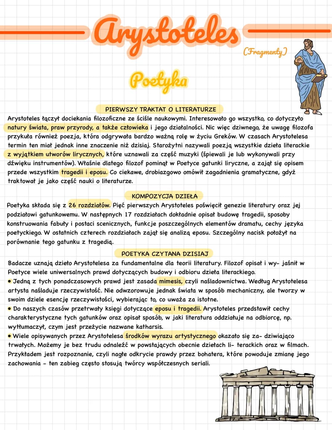Arystoteles
Poetyka
(Fragmenty
PIERWSZY TRAKTAT O LITERATURZE
Arystoteles łączył dociekania filozoficzne ze ściśle naukowymi. Interesowało g