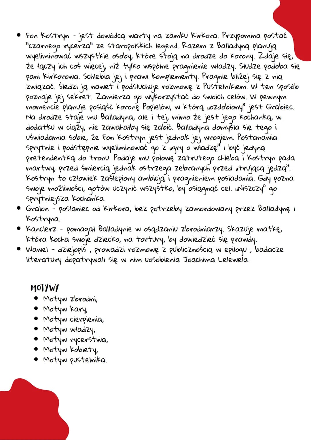 "Balladyng"
Juliusz Słowacki
CZAS AKCJI
Czasy legendarne, 4 dni.
MIEJSCE AKCJI
Okolice jeziora Gopło - las, zamek w Gnieźnie, chata Wdowy, w