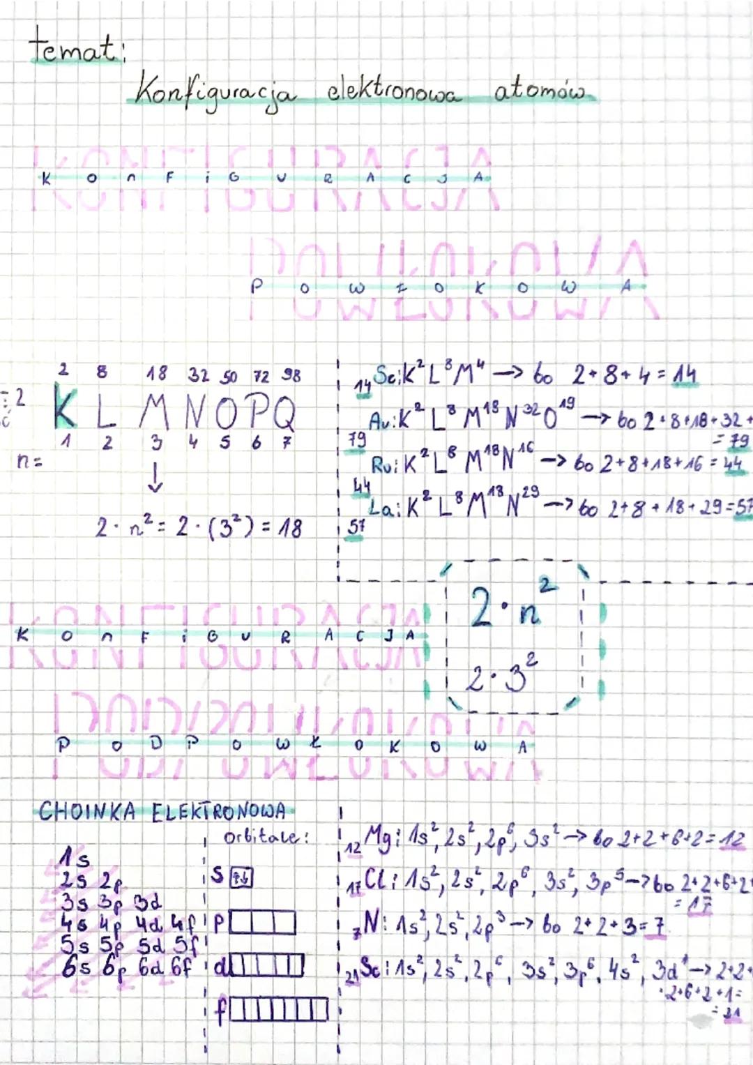 temat:
-K
n=
K
BO
8
2
18 32 50 72 98
32K L M N O P Q
1
2
3
4 5 6 7
↓
2·₁₁₂²2² =2(3²) = 18
C
Konfiguracja elektronowa atomów
P O
F i
F
G
G
P
