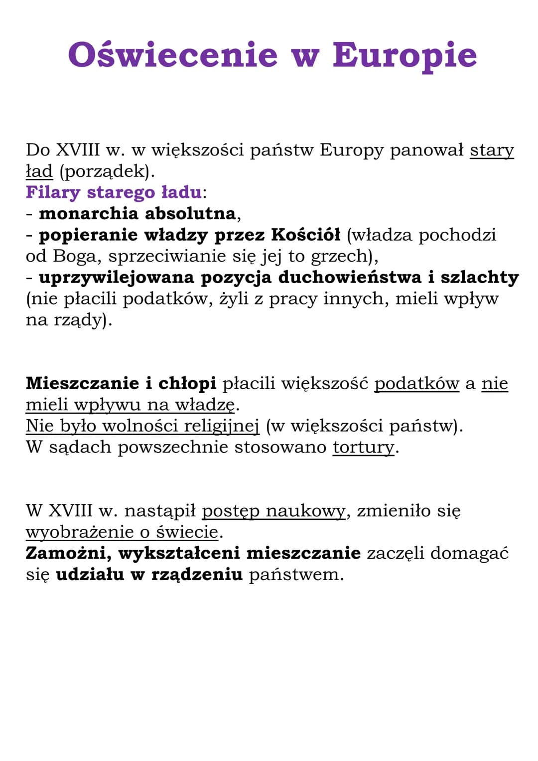 Oświecenie w Europie
Do XVIII w. w większości państw Europy panował stary
ład (porządek).
Filary starego ładu:
- monarchia absolutna,
- popi