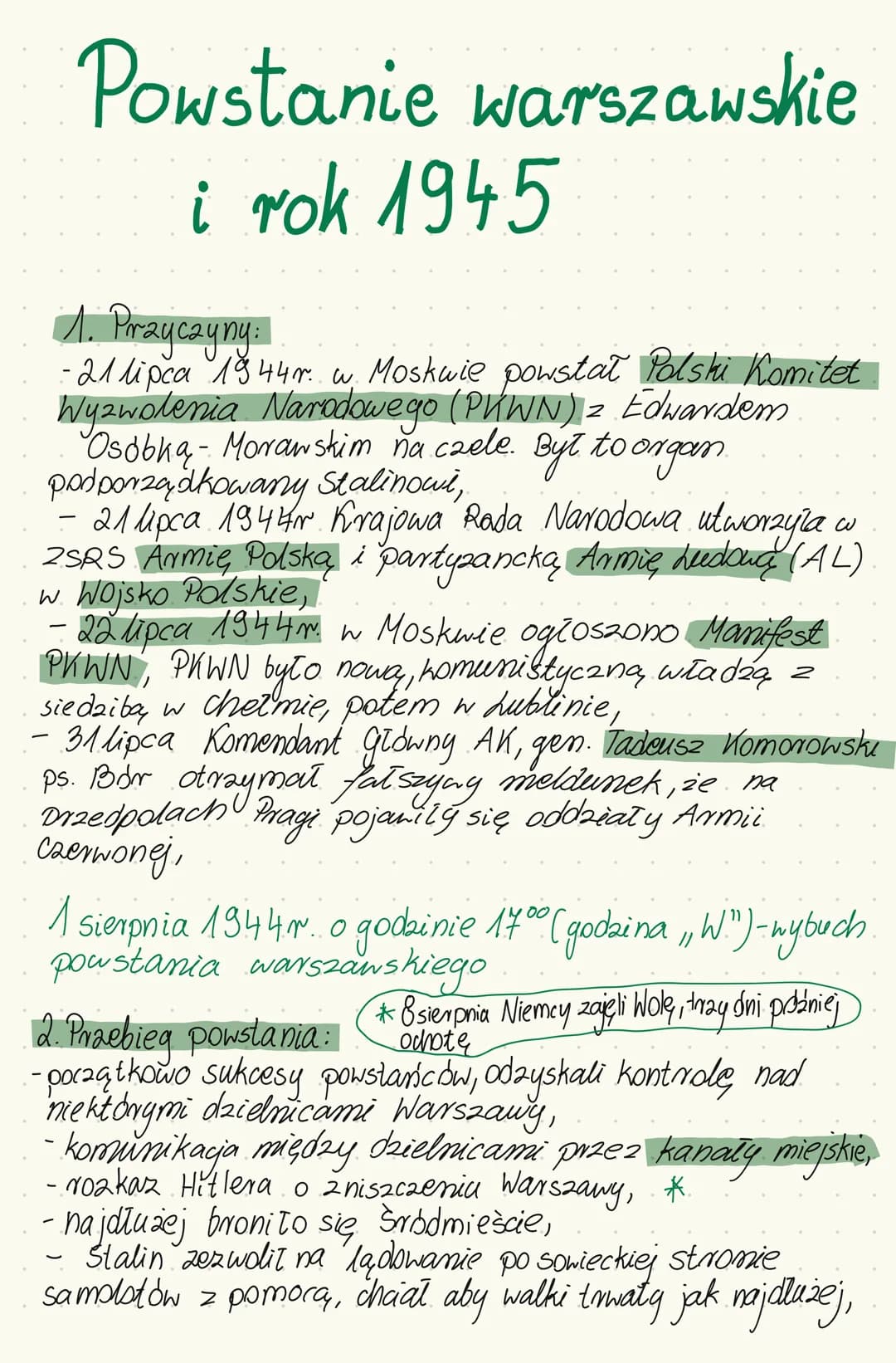 Powstanie warszawskie
i rok 1945
1. Przyczyny:
・21 lipca 1944 r. w. Moskwie powstał Polski Komitet.
Wyzwolenia Narodowego (PKWN) = Edwardem
