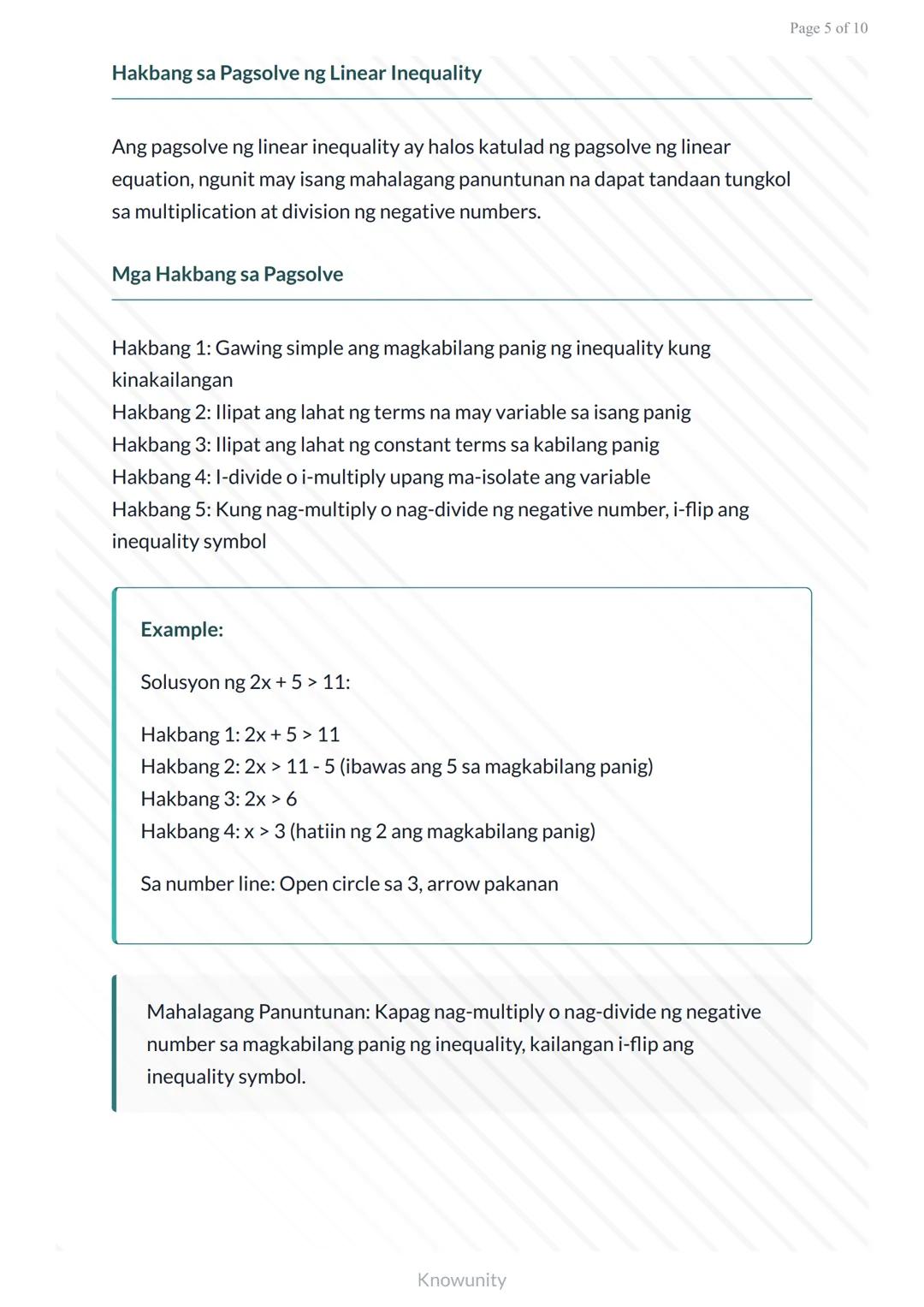 Mga Linear Equation at Inequality: Paglalarawan gamit sa Number Line
Pag-aaral ng mga linear inequality at paggamit ng number
line
Mga Layun