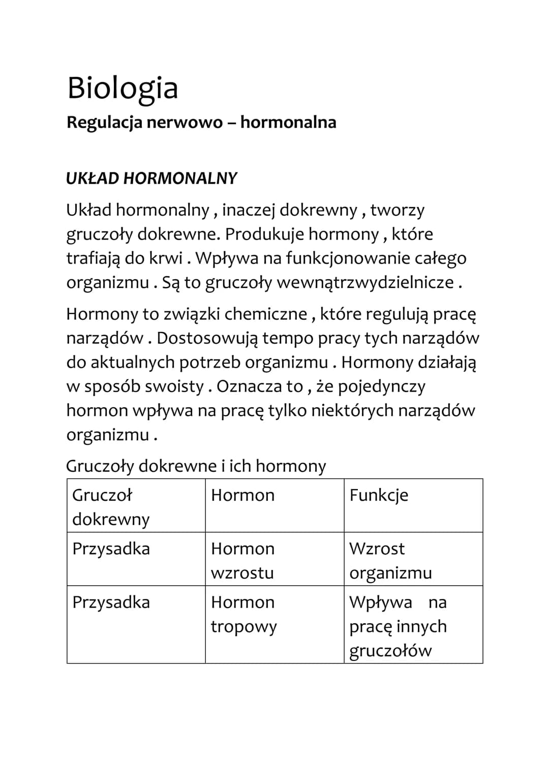 Biologia
Regulacja nerwowo - hormonalna
UKŁAD HORMONALNY
Układ hormonalny, inaczej dokrewny, tworzy
gruczoły dokrewne. Produkuje hormony, kt