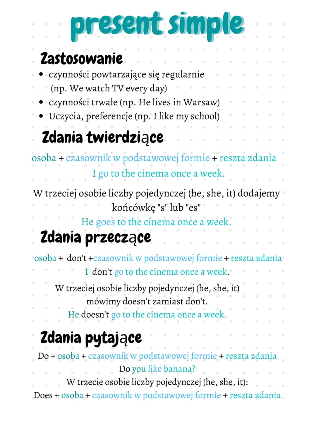 present simple
Zastosowanie
czynności powtarzające się regularnie
(np. We watch TV every day)
• czynności trwałe (np. He lives in Warsaw)
• 