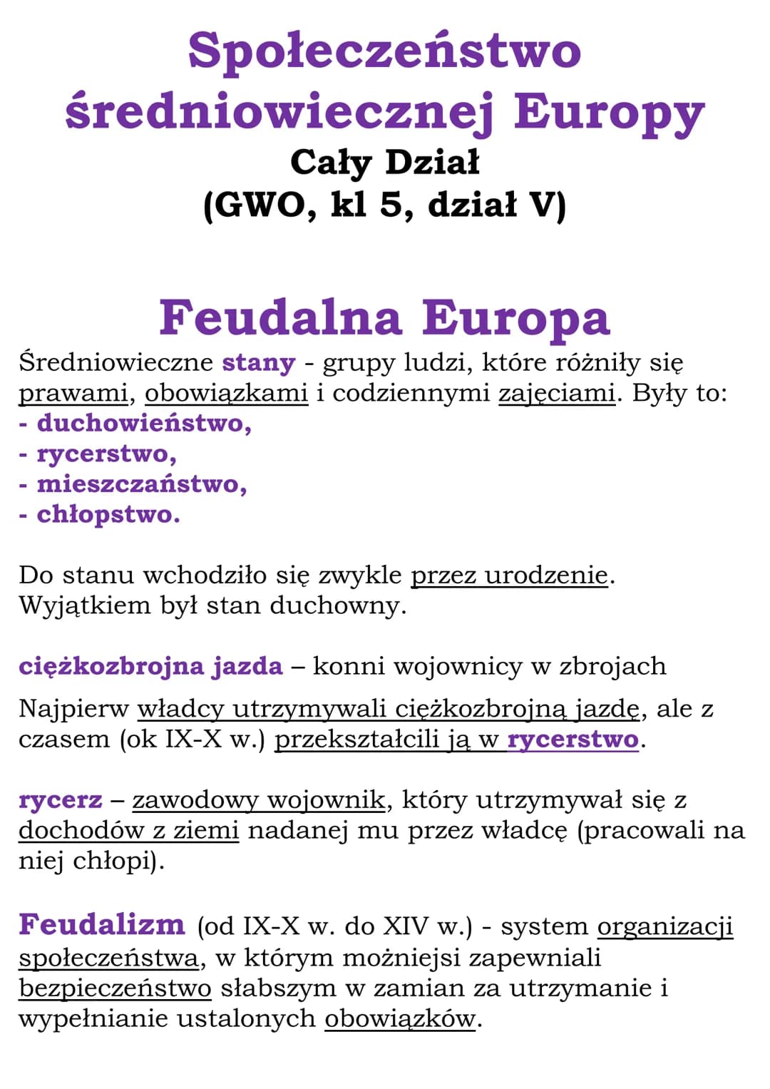 Społeczeństwo
średniowiecznej Europy
Cały Dział
(GWO, kl 5, dział V)
Feudalna Europa
Średniowieczne stany - grupy ludzi, które różniły się
p