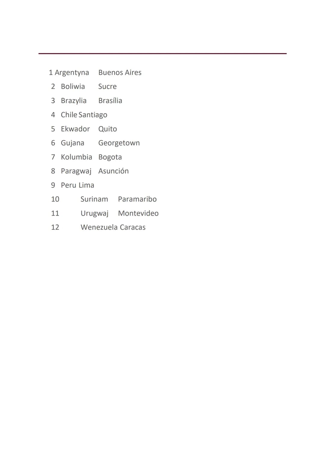 1 Argentyna Buenos Aires
2 Boliwia Sucre
Brasília
3 Brazylia
4 Chile Santiago
5 Ekwador Quito
6 Gujana Georgetown
7 Kolumbia Bogota
8 Paragw