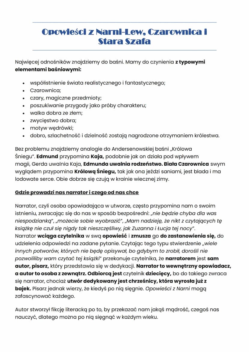 Opowieści z Narni-Lew, Czarownica i
Stara Szafa
Czas i miejsce akcji
W utworze możemy wyróżnić dwie sfery czasowe - realną i fantastyczną. C