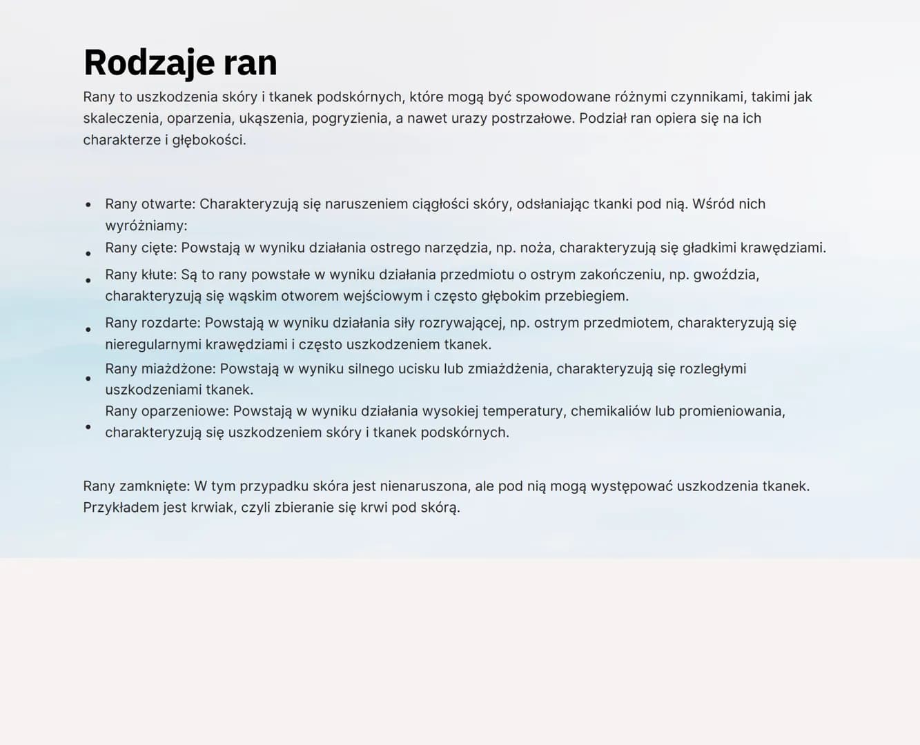 Rany i krwotoki
wound
Biskey wound
Ta notatka poświęcona jest ronom i krwotokom, skupiając się na ich rodzajach, postępowaniu w przypadku ic