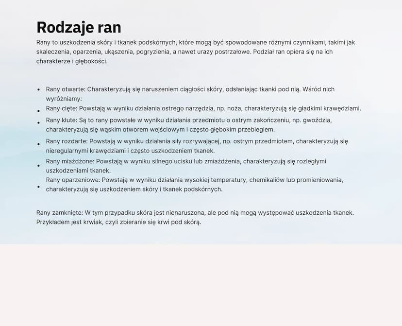 Rany i krwotoki
wound
Biskey wound
Ta notatka poświęcona jest ronom i krwotokom, skupiając się na ich rodzajach, postępowaniu w przypadku ic