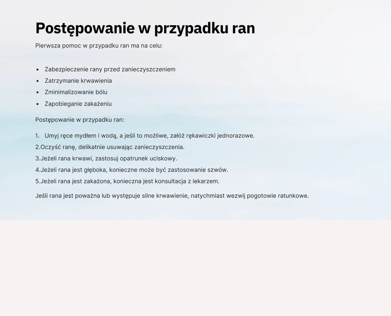Rany i krwotoki
wound
Biskey wound
Ta notatka poświęcona jest ronom i krwotokom, skupiając się na ich rodzajach, postępowaniu w przypadku ic