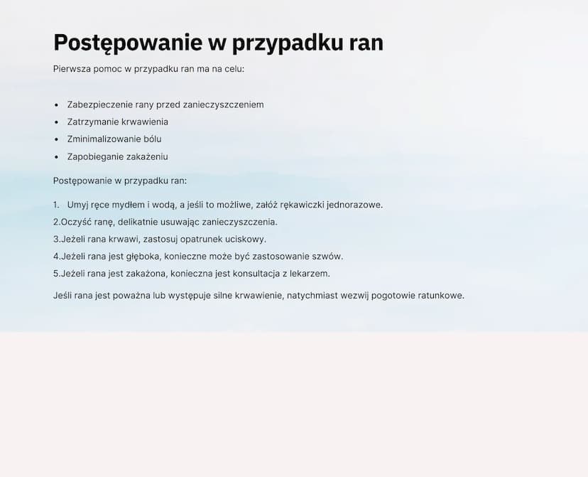 Rany i krwotoki
wound
Biskey wound
Ta notatka poświęcona jest ronom i krwotokom, skupiając się na ich rodzajach, postępowaniu w przypadku ic