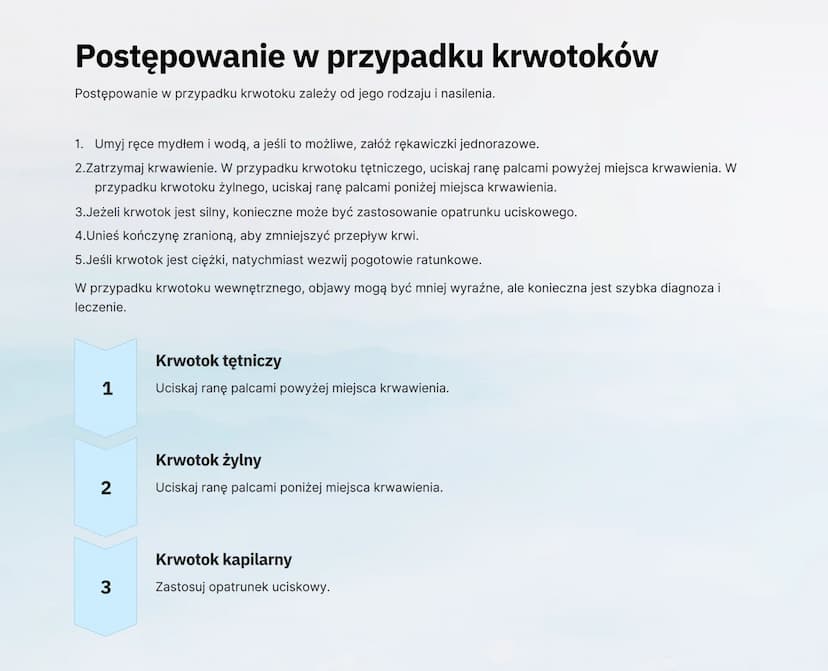 Rany i krwotoki
wound
Biskey wound
Ta notatka poświęcona jest ronom i krwotokom, skupiając się na ich rodzajach, postępowaniu w przypadku ic