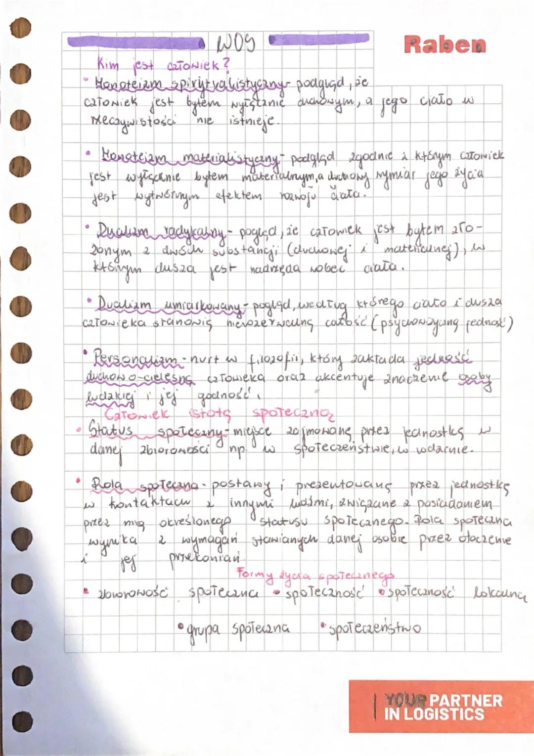 WOS
Kim jest człowiek?
Raben
• Materializm spirytualistyczny pogląd, że
człowiek jest bytem niestanowiącym, a jego ciało w
 rzeczywistości n