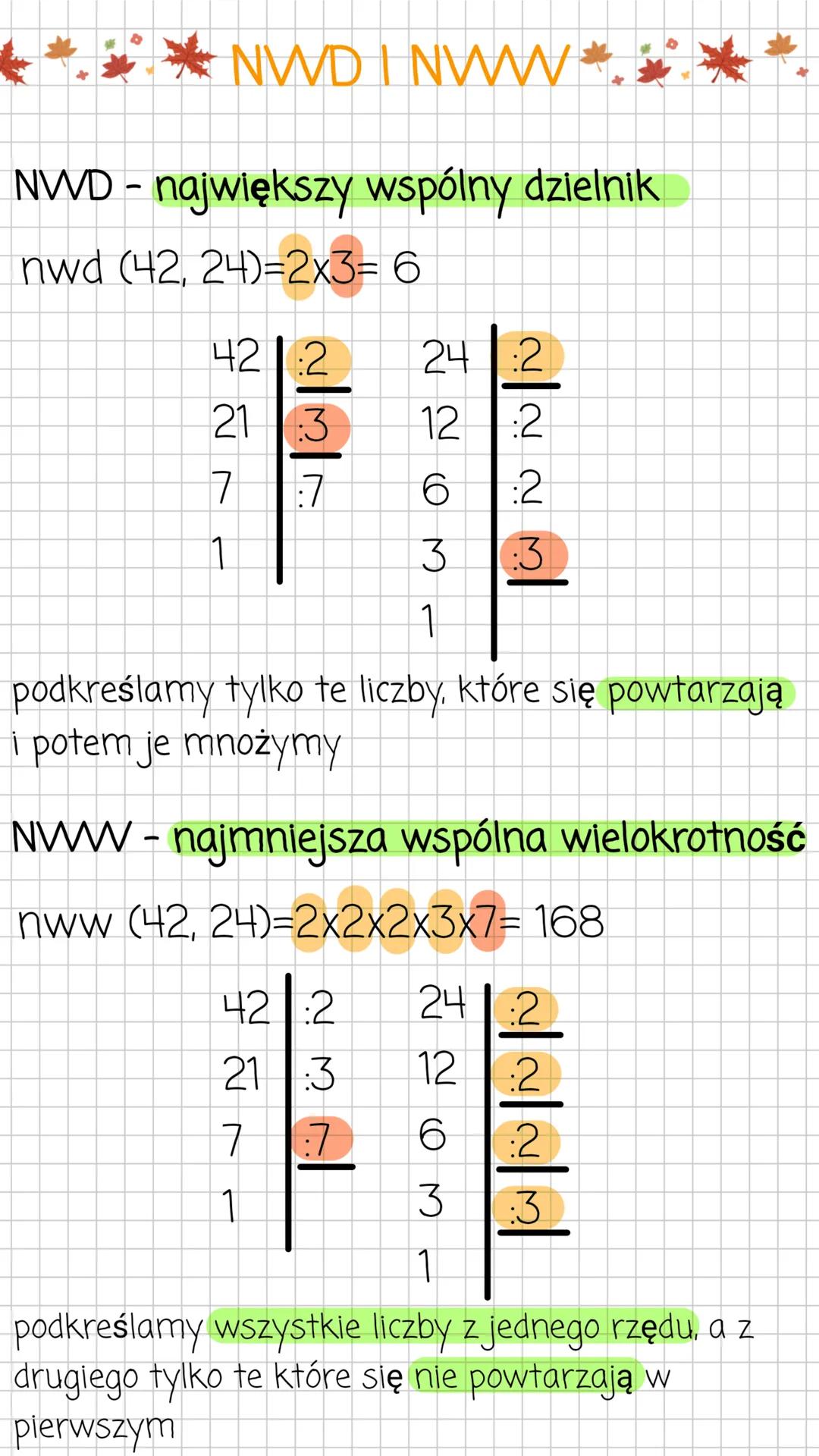 *NWD I NWW
NWD - największy wspólny dzielnik
nwd (42, 24)=2x3= 6
422
21.3
7 7
1
24:2
12:2
6:2
podkreślamy tylko te liczby, które się powtarz