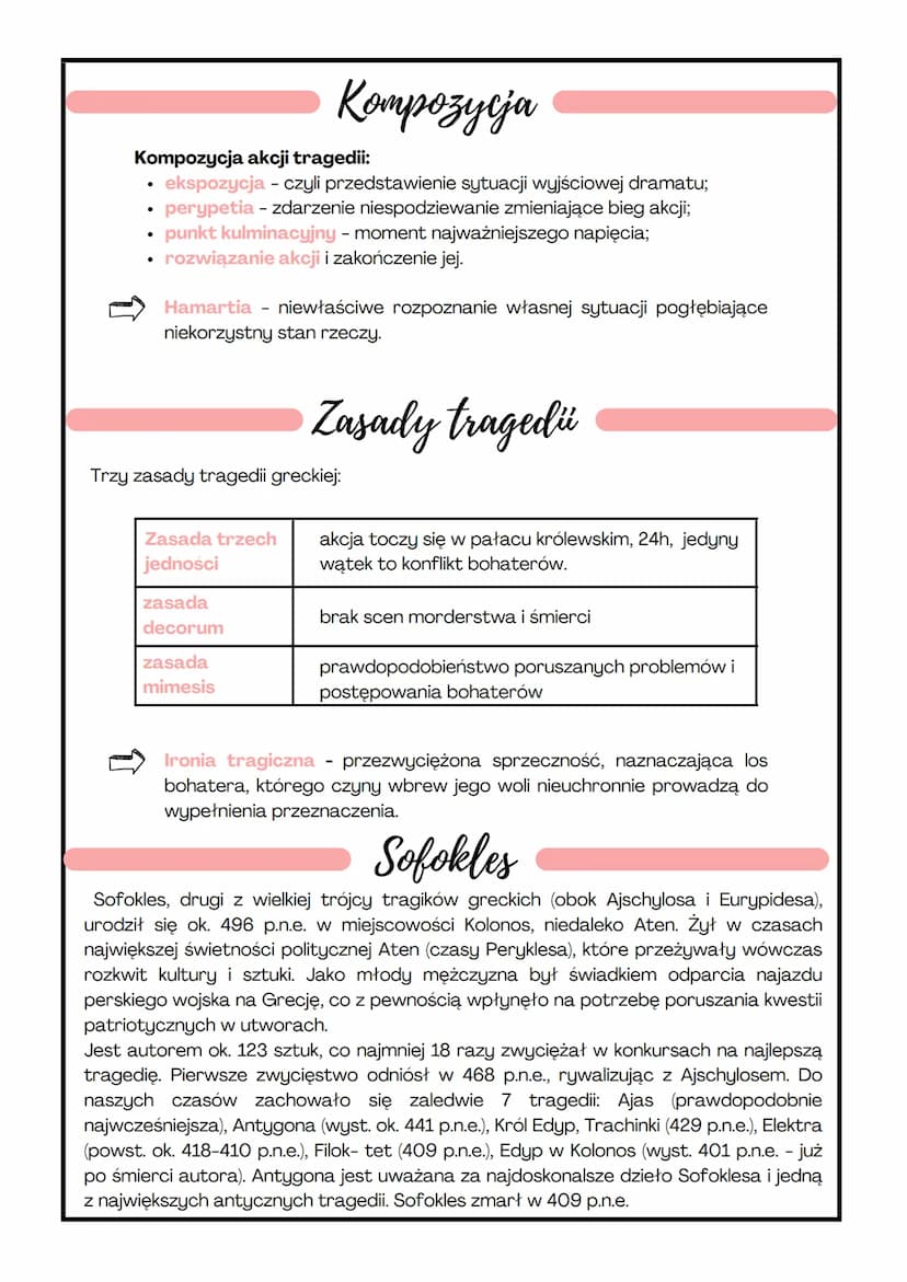 Gatunek literacki: tragedia
Rodzaj literacki: dramat
●
Czas i miejsce akcji
Tragedia inspirowana jest mitem tebańskim o rodzie Labdakidów, k