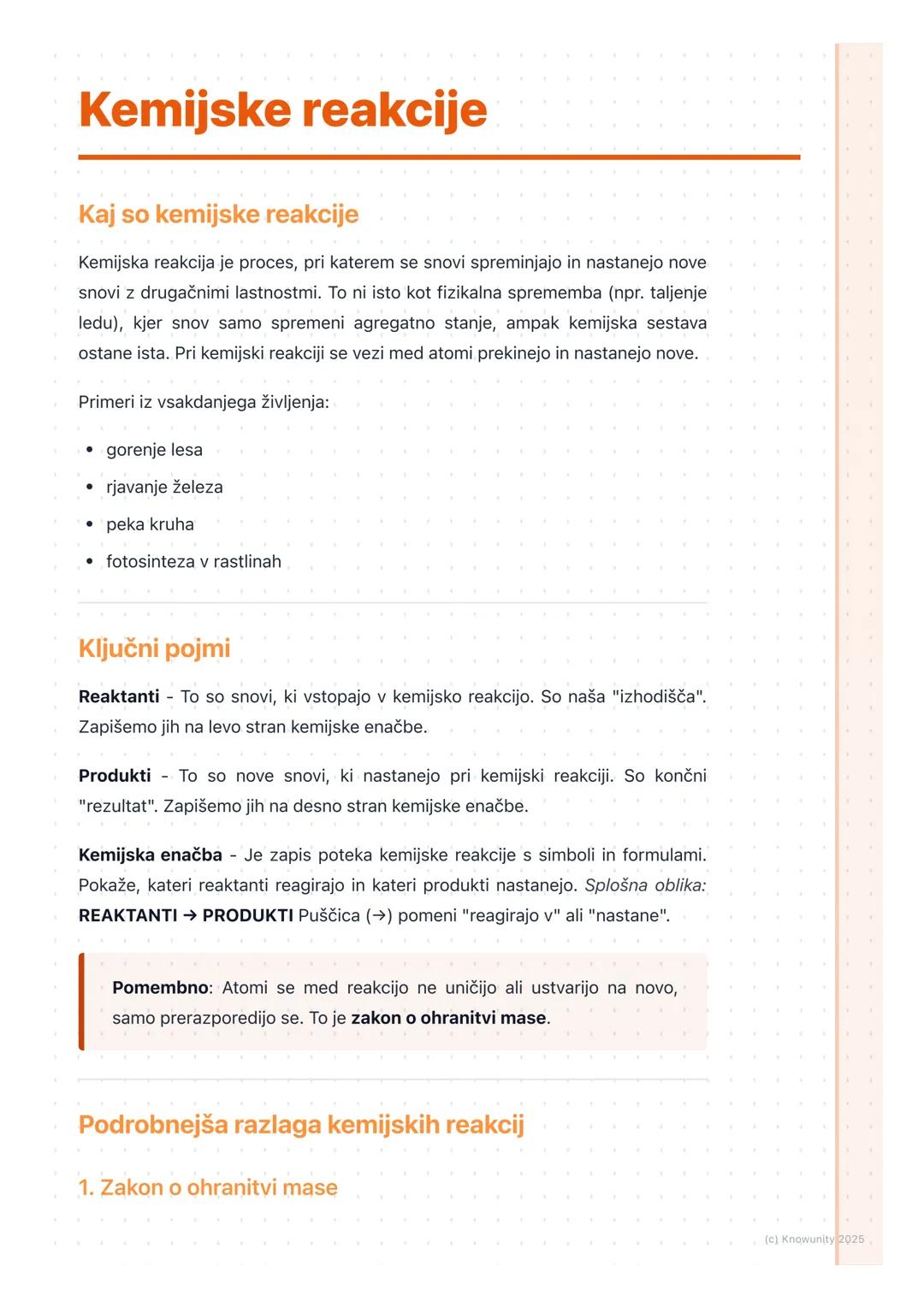 # Kemijske reakcije

Kaj so kemijske reakcije

Kemijska reakcija je proces, pri katerem se snovi spreminjajo in nastanejo nove
snovi z druga