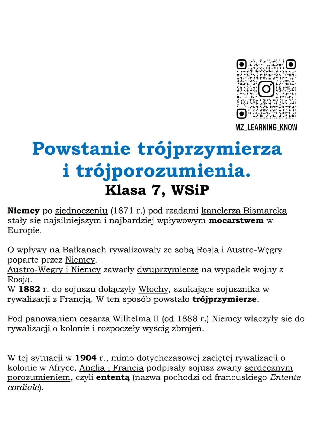 --- OCR Start ---
MZ_LEARNING_KNOW
Powstanie trójprzymierza
i trójporozumienia.
Klasa 7, WSiP
Niemcy po zjednoczeniu (1871 r.) pod rządami k