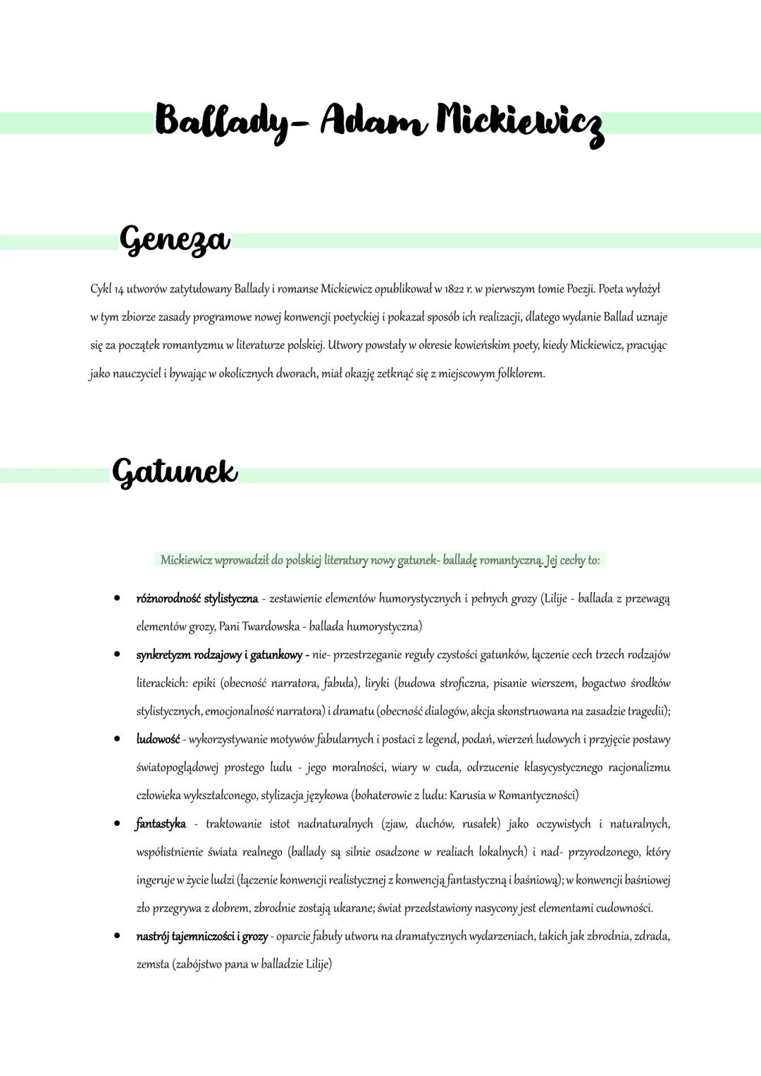 Ballady- Adam Mickiewicz
Geneza
Cykl 14 utworów zatytułowany Ballady i romanse Mickiewicz opublikował w 1822 r. w pierwszym tomie Poezji. Po