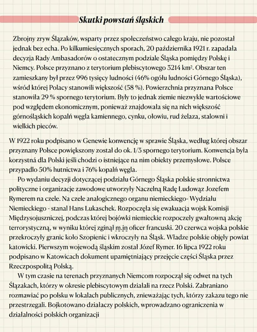 Powstania śląskie - notatka
Powstania śląskie należą do najpiękniejszych kart w dziejach narodu
polskiego, stanowiąc końcowy akord w procesi