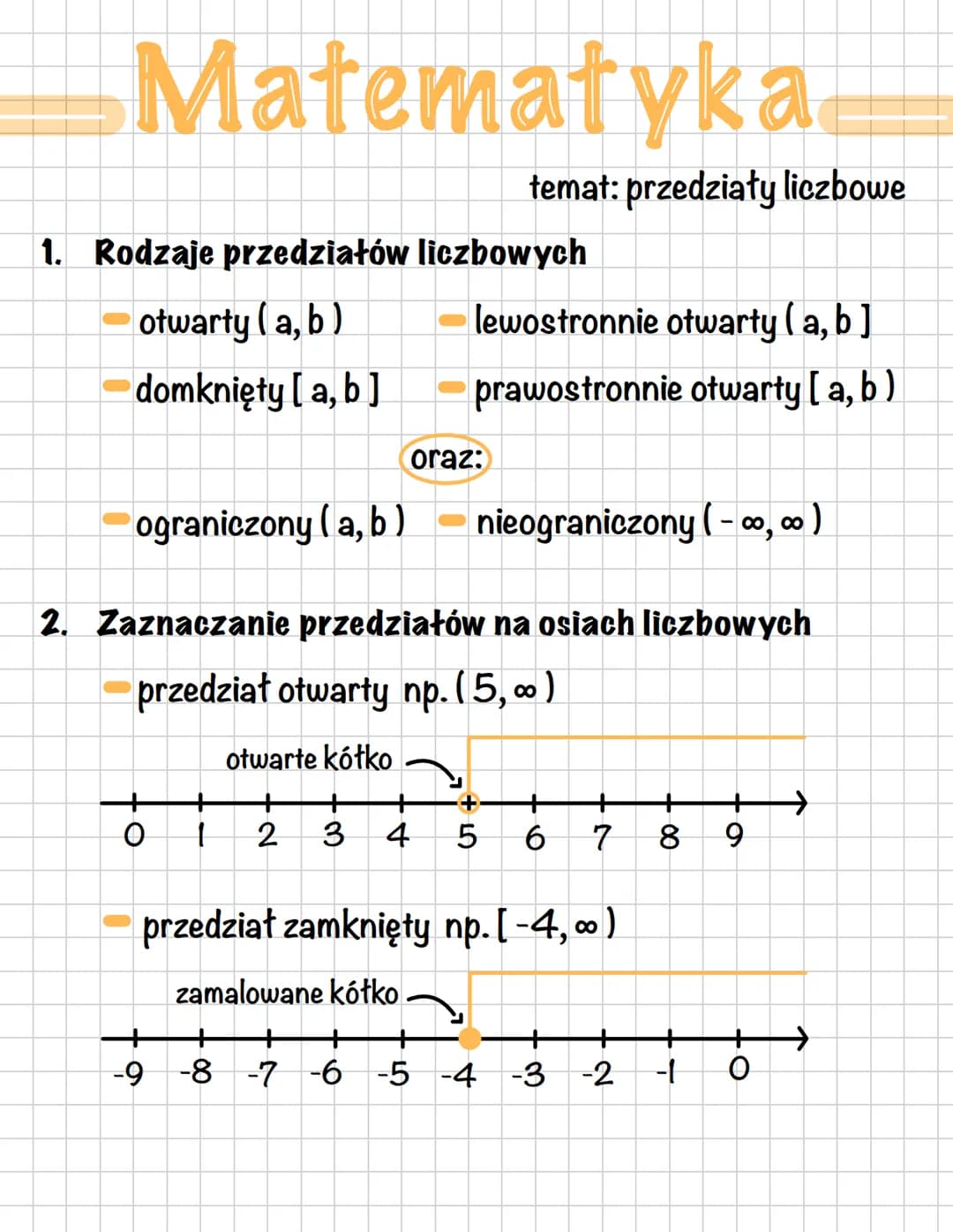 Matematyka
1. Rodzaje przedziałów liczbowych
otwarty (a, b)
domknięty [a, b]
ograniczony (a, b)
nieograniczony (-∞, ∞ )
2. Zaznaczanie przed