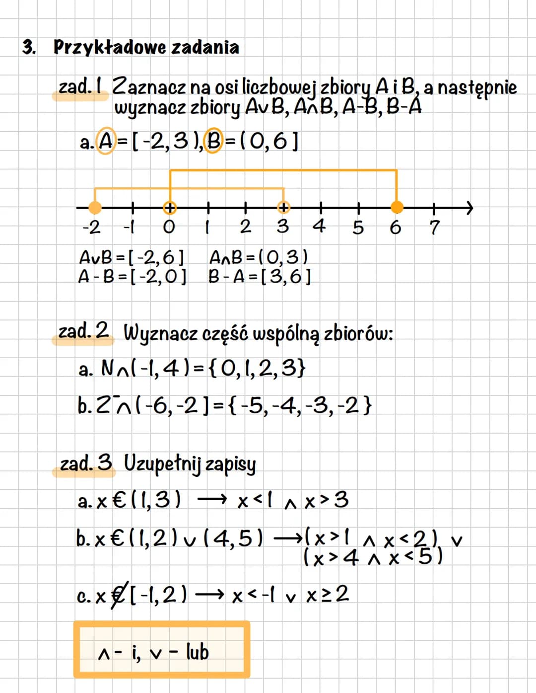 Matematyka
1. Rodzaje przedziałów liczbowych
otwarty (a, b)
domknięty [a, b]
ograniczony (a, b)
nieograniczony (-∞, ∞ )
2. Zaznaczanie przed