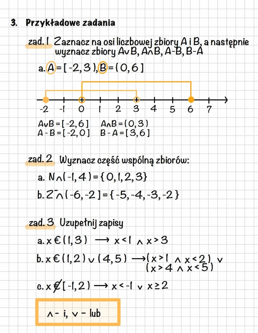 Matematyka
1. Rodzaje przedziałów liczbowych
otwarty (a, b)
domknięty [a, b]
ograniczony (a, b)
nieograniczony (-∞, ∞ )
2. Zaznaczanie przed