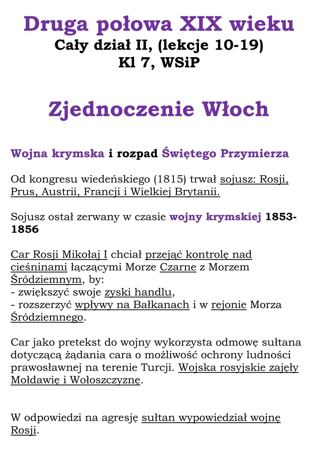 Zjednoczenie Włoch i Wojna Krymska - Notatki i Przyczyny