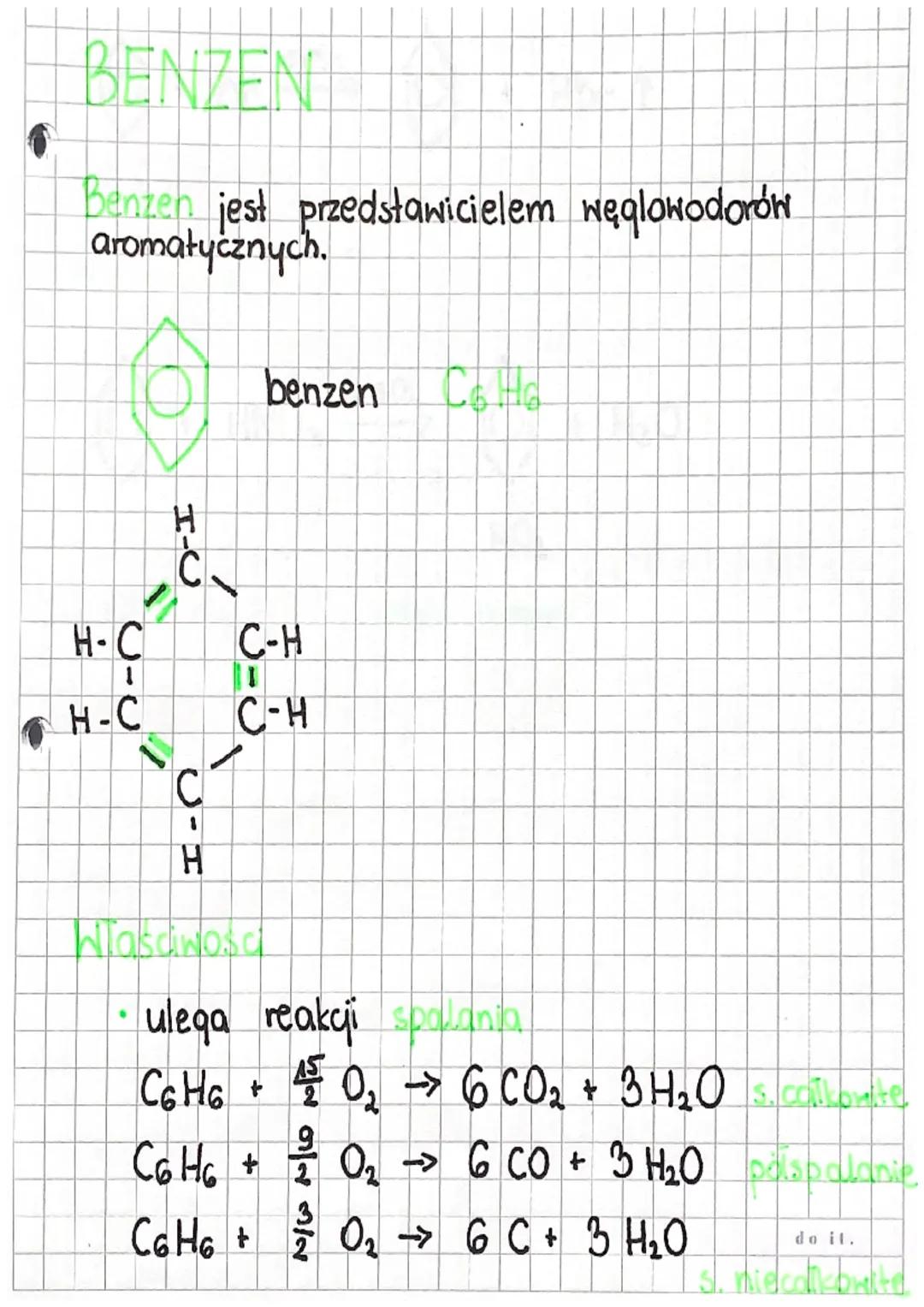 BENTEN
Benzen jest przedstawicielem węglowodorów
aromatycznych.
H-C
H-C
7
H-C
C-H
Н
benzen
C-H
C-H
Wlasciwosa
C& H₂
ulega reakcji spalania
C