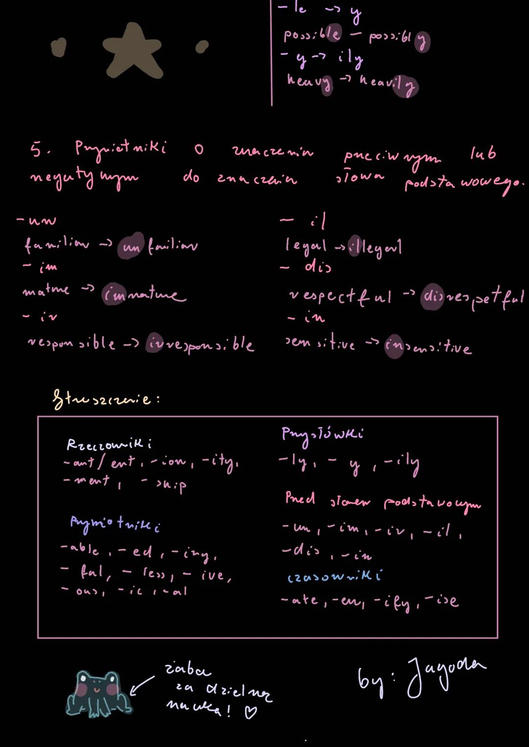 -
1.
-
Rzeczowniki
zwykle
ant / ent
important.
Słowo twórstwo Jº
ngielskim
od prysiotrików)
→ance / ence
→ importance
violent → violen
ence
