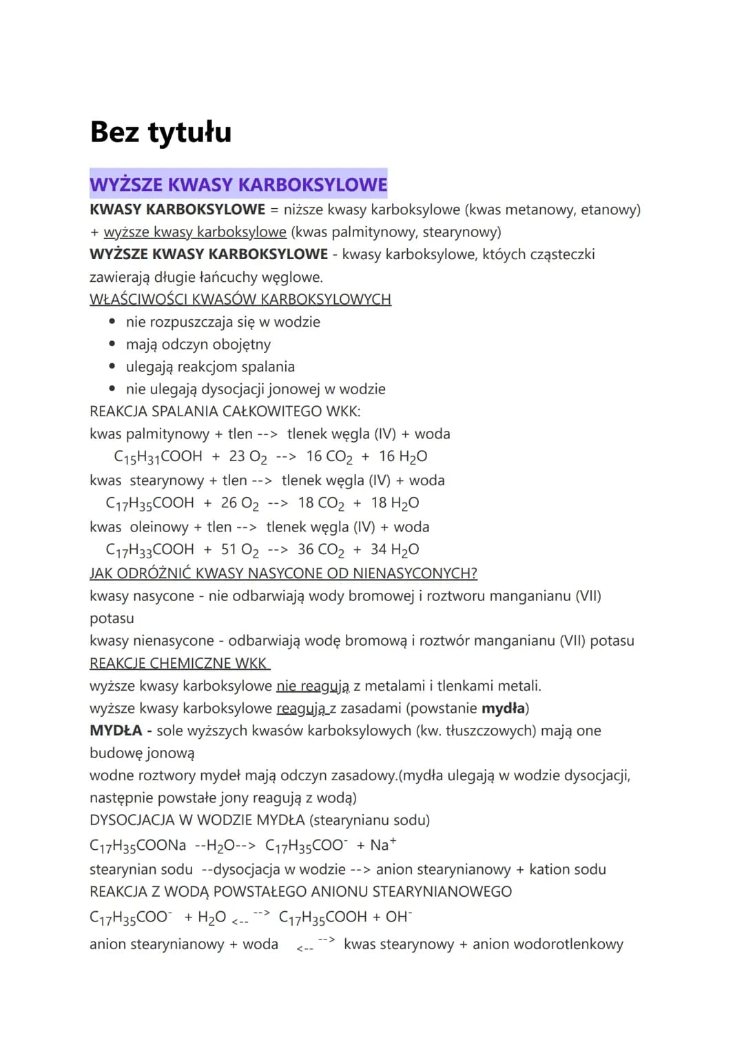 Bez tytułu
WYŻSZE KWASY KARBOKSYLOWE
KWASY KARBOKSYLOWE = niższe kwasy karboksylowe (kwas metanowy, etanowy)
+ wyższe kwasy karboksylowe (kw