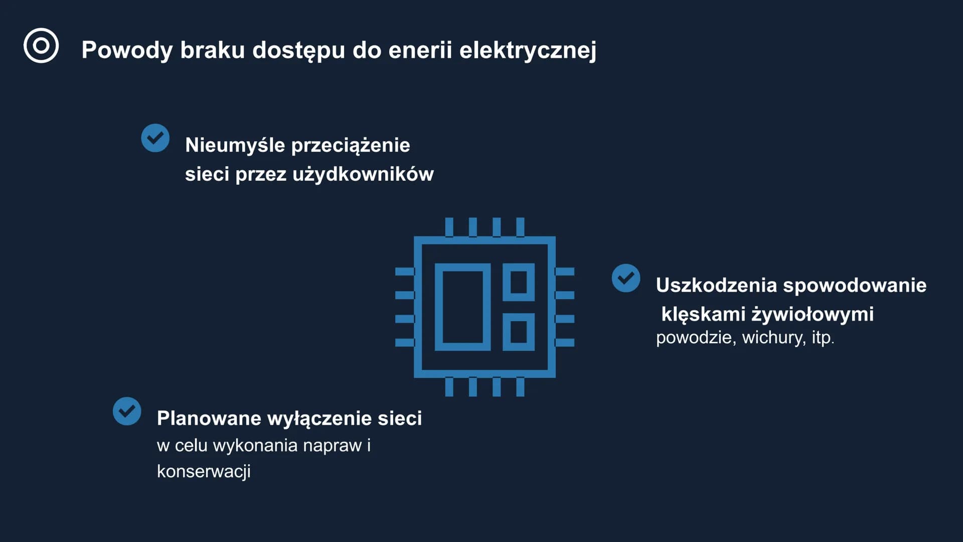 O
99
000000000
========
Braki dostaw
energii elektrycznej
000
늑
유
200
시 O Powody braku dostępu do enerii elektrycznej
Nieumyśle przeciążenie