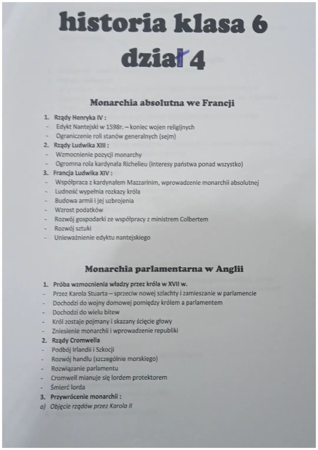historia klasa 6
dział 4
Monarchia absolutna we Francji
1. Rządy Henryka IV :
-
Edykt Nantejski w 1598r.- koniec wojen religijnych
Ogranicze