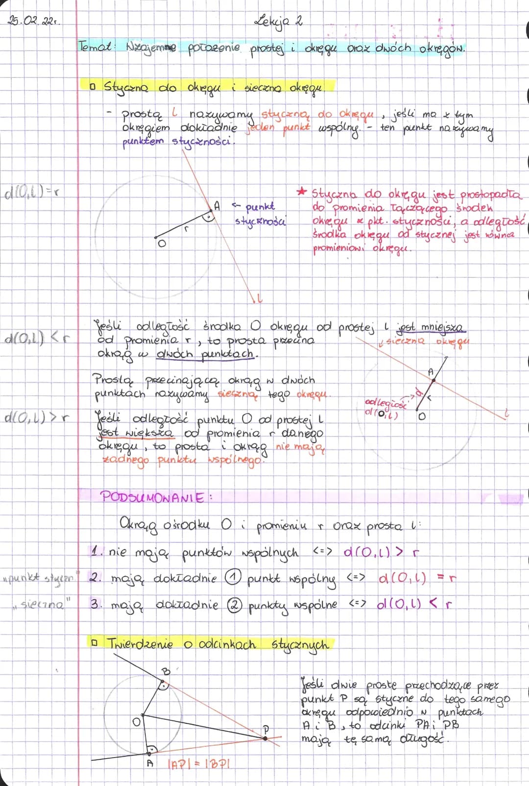 25.02.22.
d[QU)=r
d(0₂1) Kr
Lekcja 2
Temat: Nzajemme położenie prostej i okręgu oraz dwóch okręgów.
□ Styczna do okręgu i sieczno okręgu.
し
