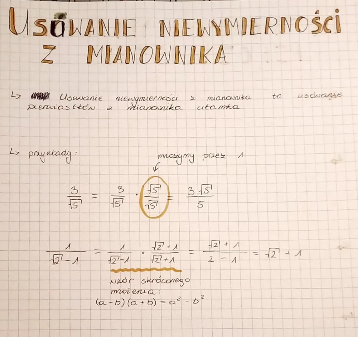 USOWANIE NIEWYMIERNOŚCI
Z MIANOWNIKA
↳ Usuwanie
pierwiastkÓN
↳ praystady
صاد
√2²-1
11
niewymierności
mianownika
1
√2-1
2
√2²¹ +1
√2²+1
mnoży
