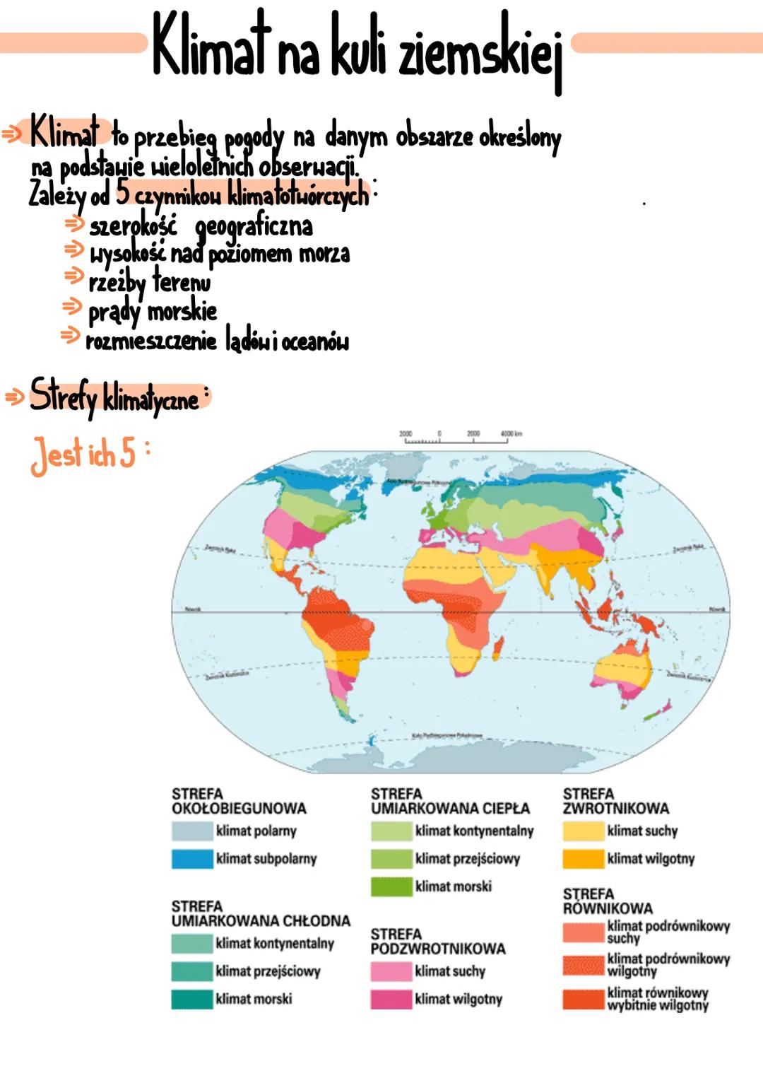 # Klimat na kuli ziemskiej

→ Klimat to przebieg pogody na danym obszarze określony
na podstawie wieloletnich obserwacji.
Zależy od 5 czynni