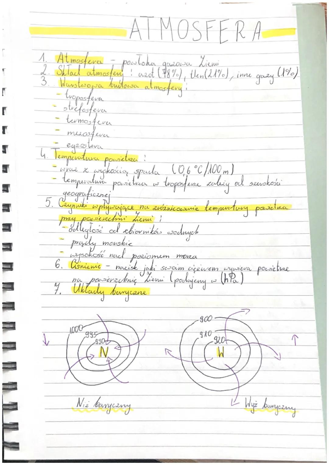 ATMOSFERA

1. Atmosfera - powłoka gazowa Ziemi
2. Shtal atmosfery: azot (18%), tlen (21%), inne gazy (1%)
3. Wurstwowa budowa almasfery i
- 