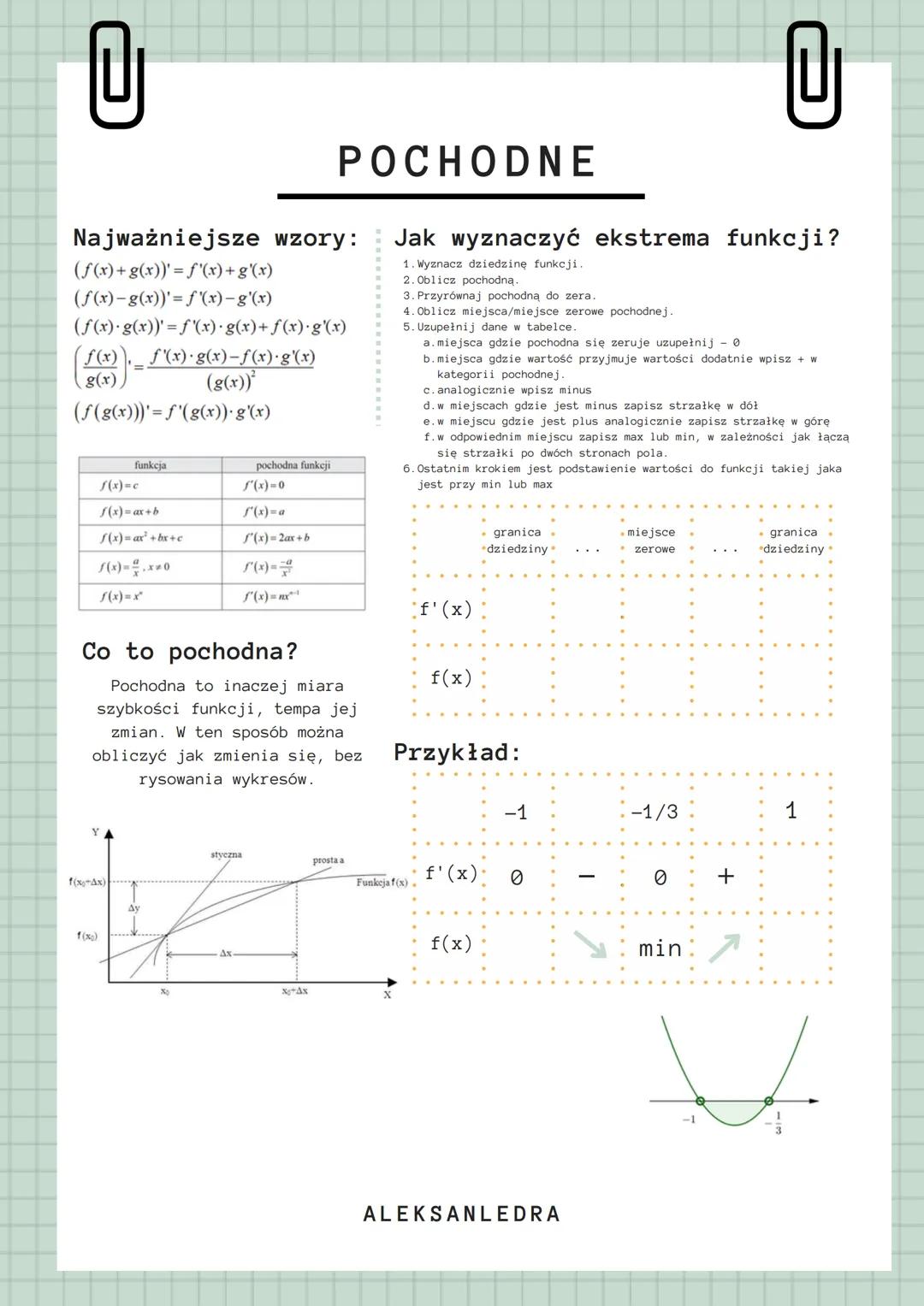 U
Najważniejsze
(f(x)+ g(x))' = f'(x)+g'(x)
(f(x)-g(x))' = f'(x)-g'(x)
(f(x) g(x))' = f'(x) · g(x) + f(x) · g'(x)
f(x) _ ƒ'(x) · g(x)—ƒ(x)·g