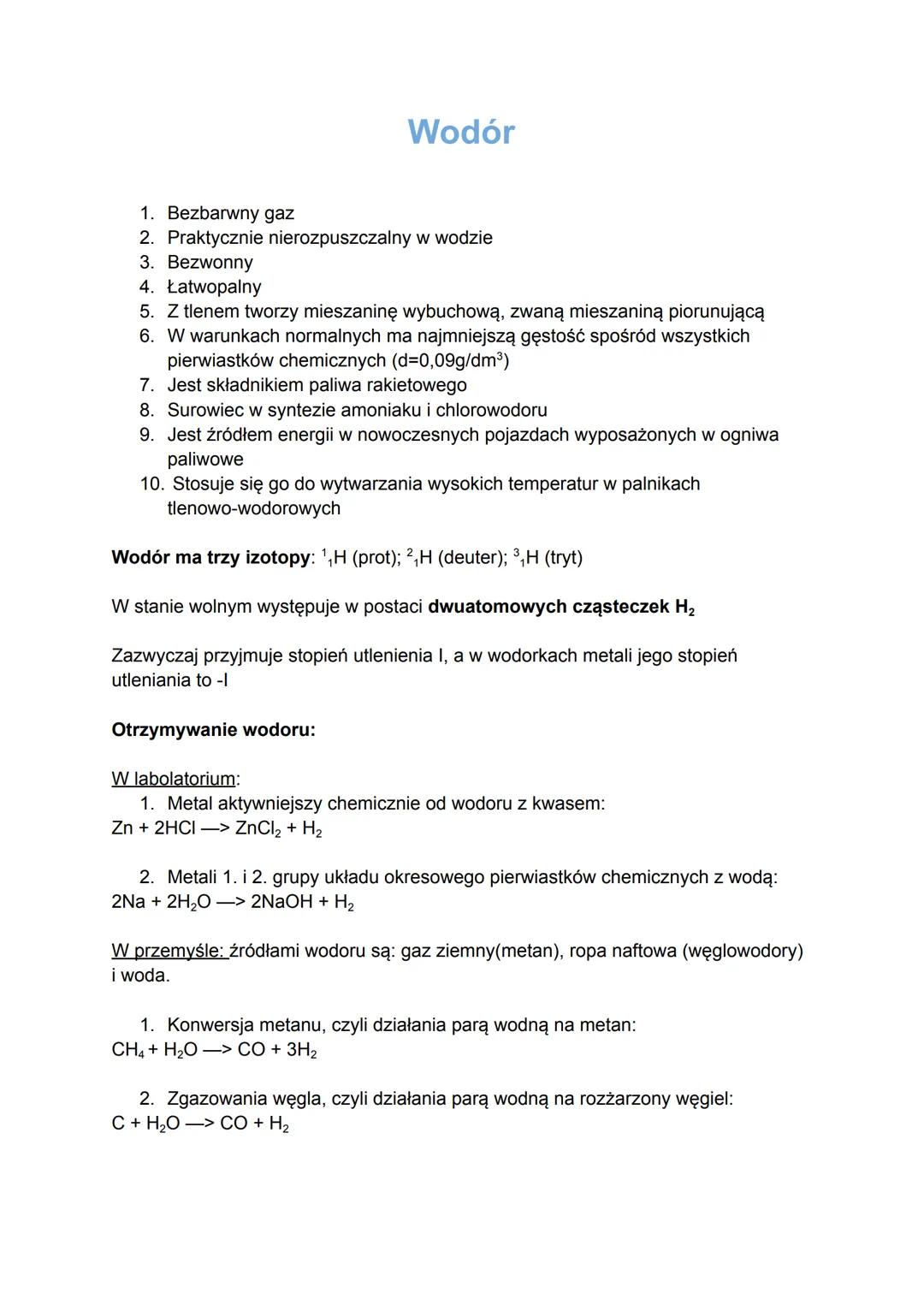 Wodór
1. Bezbarwny gaz
2. Praktycznie nierozpuszczalny w wodzie
3. Bezwonny
4. Łatwopalny
5. Z tlenem tworzy mieszaninę wybuchową, zwaną mie