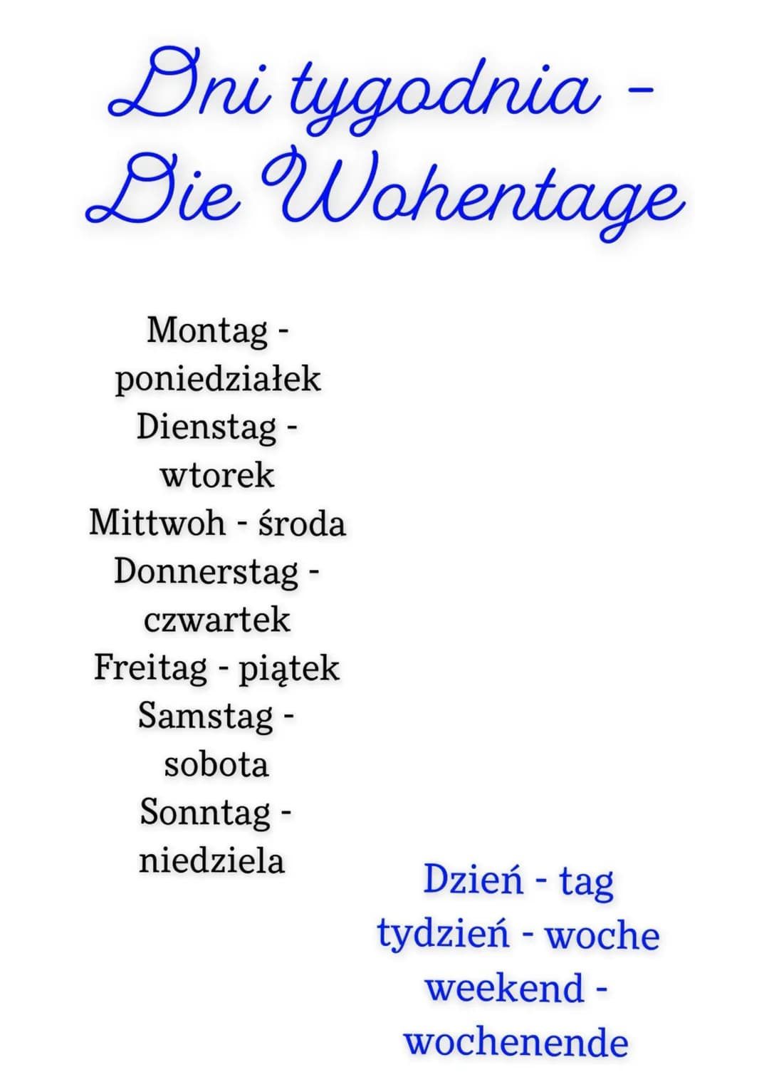 Dni tygodnia -
Die Wohentage
Montag -
poniedziałek
Dienstag -
wtorek
Mittwoh - środa
Donnerstag -
czwartek
Freitag - piątek
Samstag -
sobota