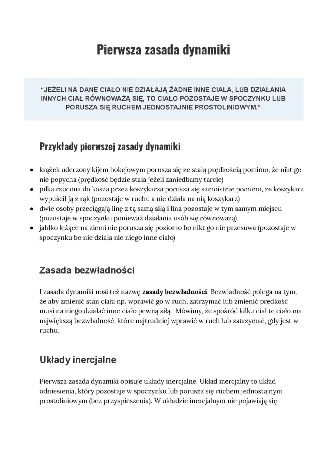 PIERWSZA ZASADA DYNAMIKI